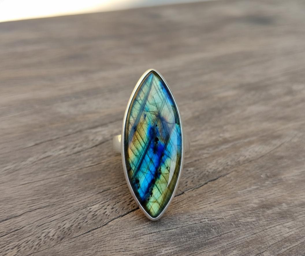 Madagascar Labradorite Ring, Marquise 925 Sterling Silver, Large Gemstone