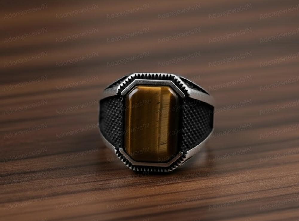 Tiger Eye Sterling Silver Ottoman Signet Ring, Mens Vintage Style