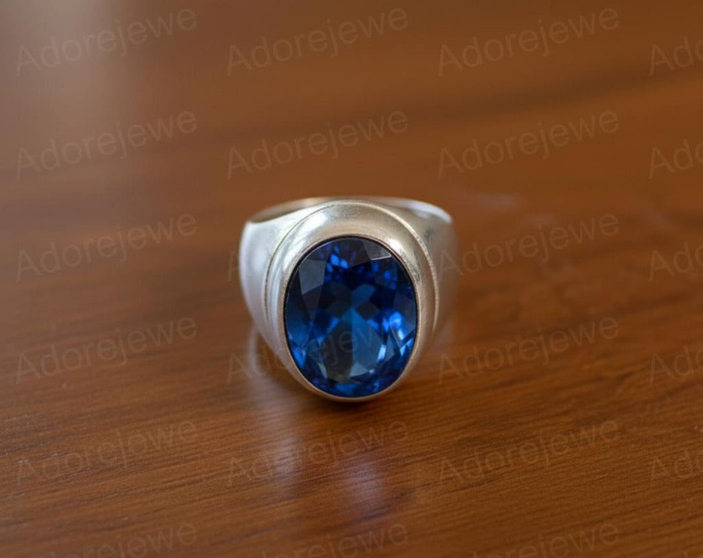 Sapphire Sterling Silver Signet Ring, Oval Stone (12x16mm)