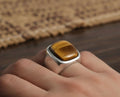 Mens Sterling Silver Brown Tiger eye Ring, Greek Design, Oval 12x16mm