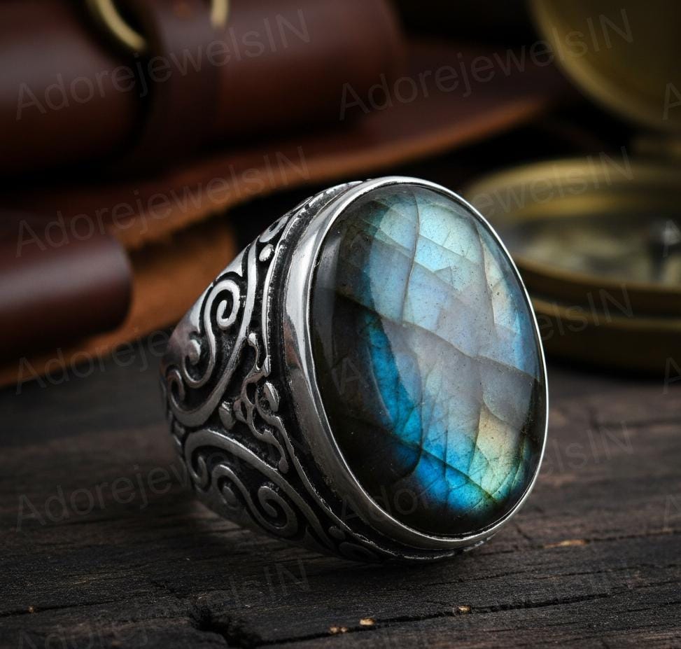 Mens Floral Sterling Silver Ring, Oval Labradorite (12x16mm)