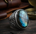 Mens Floral Sterling Silver Ring, Oval Labradorite (12x16mm)
