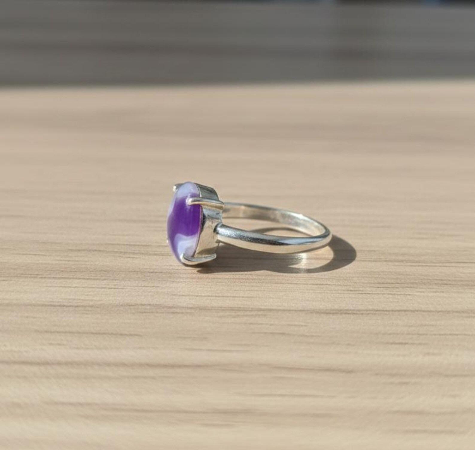 Purple Slice Agate Ring, Oval Cabochon, Sterling Silver (13x15mm)