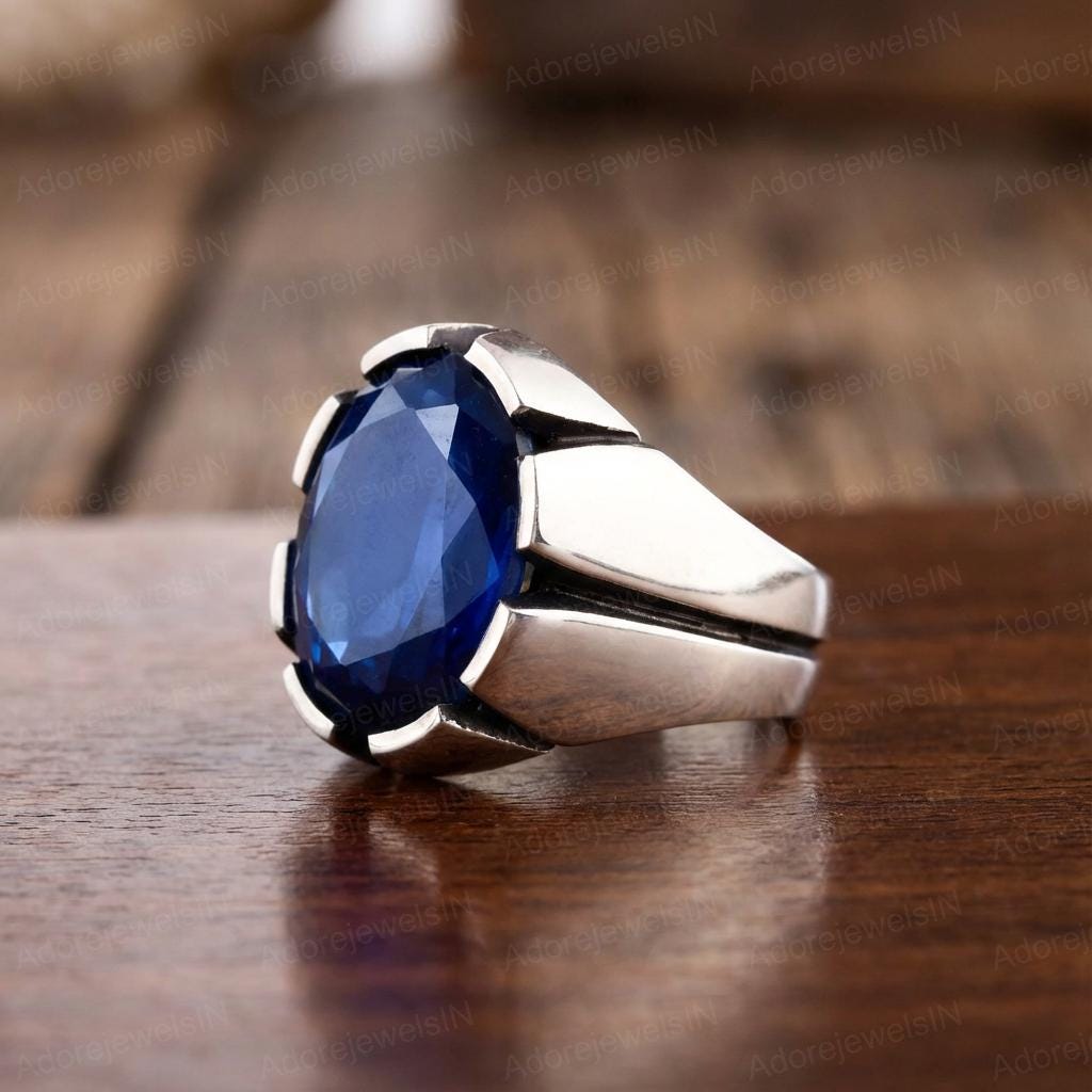 Solid 925 Sterling Silver Mens Ring, Blue Sapphire Hydro Mens Ring, Oval Brilliant Cut, Sapphire Mens Ring, Sapphire Signet Ring