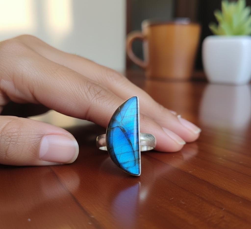 Sterling Silver Madagascar Labradorite Ring, Half Moon Gemstone