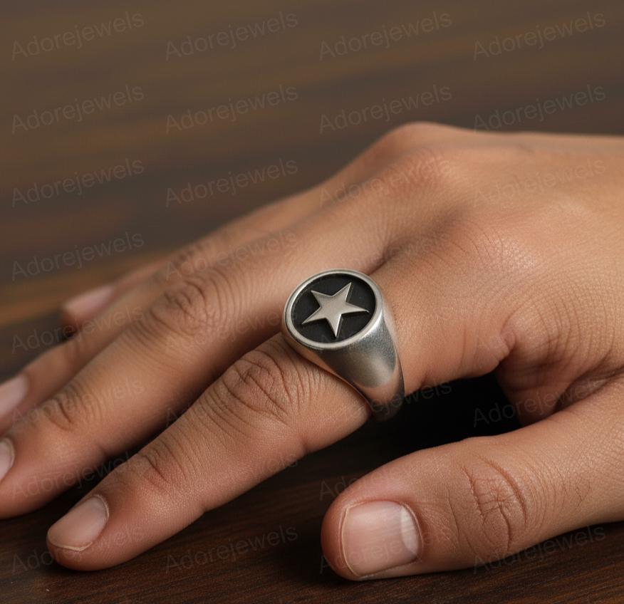 Sterling Silver Star Signet Ring, Black Rhodium Band
