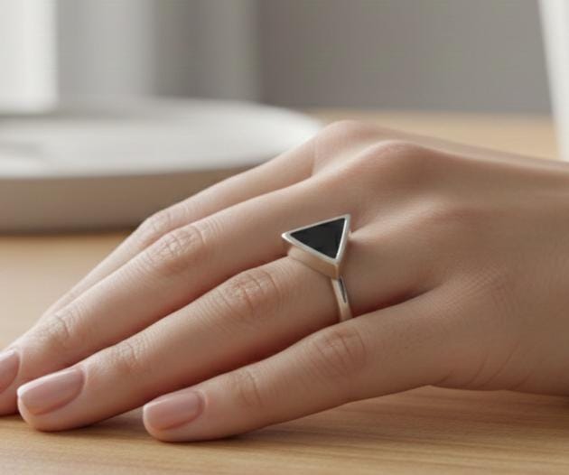 Sterling Silver Signet Ring, Black Onyx Triangle, Minimalist Band