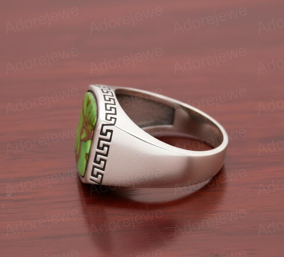 Green Copper Turquoise Sterling Silver Signet Ring, Flat Cushion Stone Mens Ring, Christmas Gift