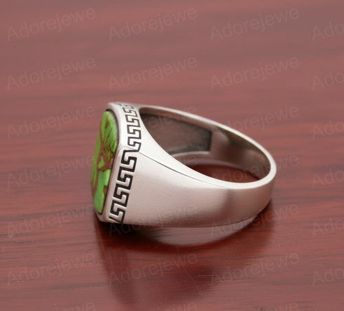 Green Copper Turquoise Sterling Silver Signet Ring, Flat Cushion Stone Mens Ring, Christmas Gift