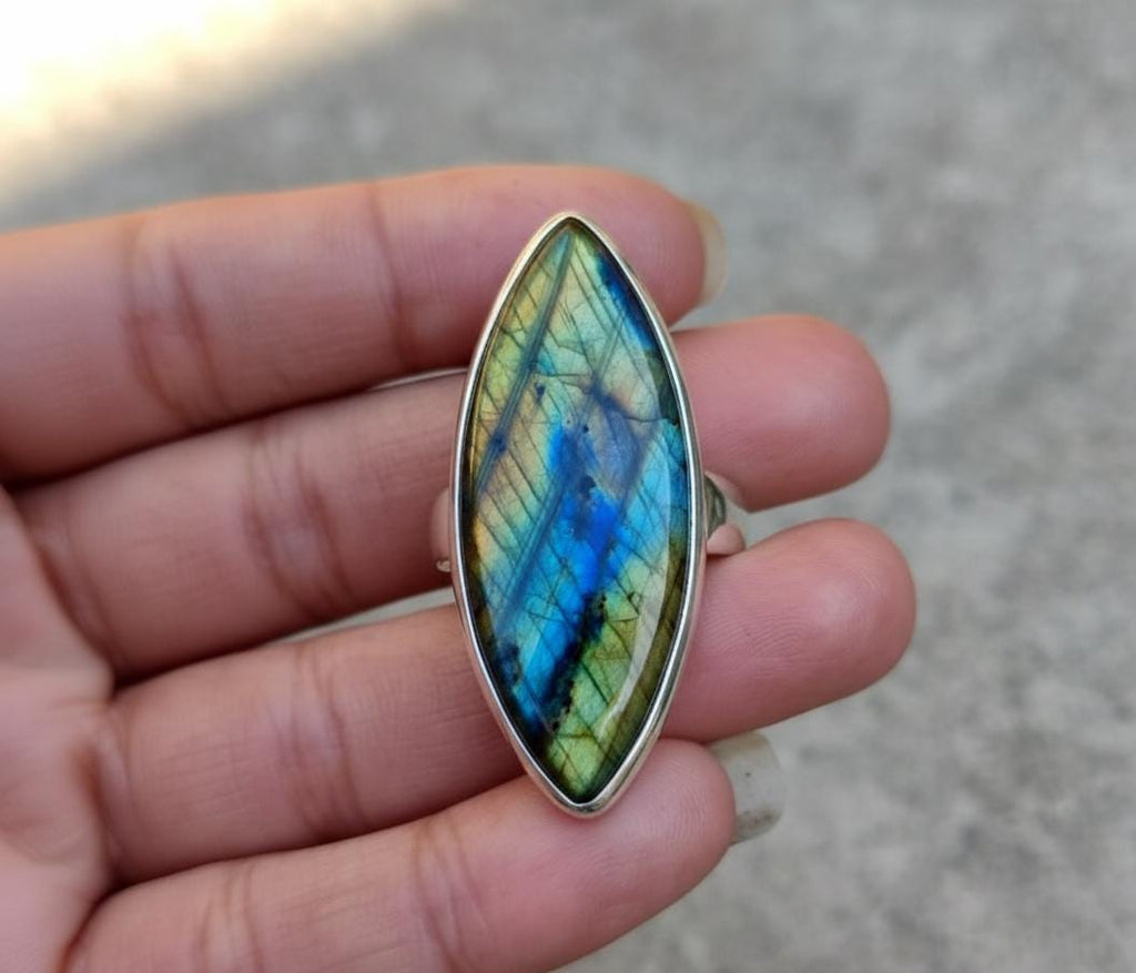 Madagascar Labradorite Ring, Marquise 925 Sterling Silver, Large Gemstone