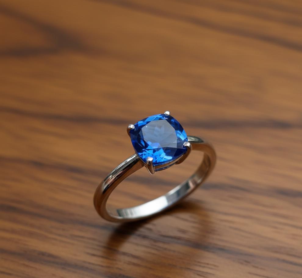 Cushion Cut Sapphire Ring, Solid Sterling Silver, Wife Gift, 10mm,