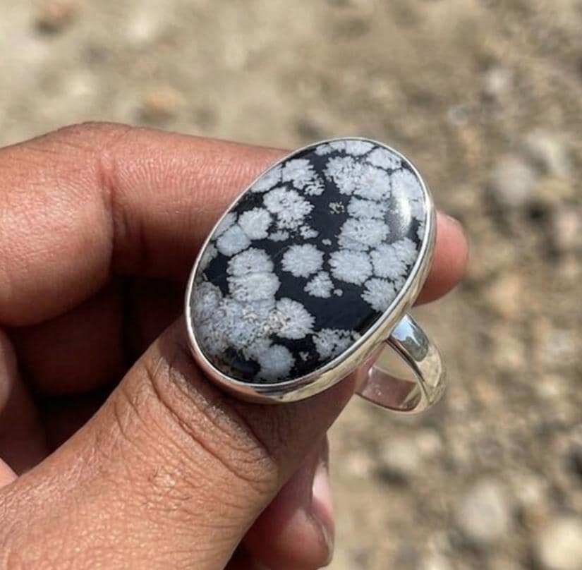 Handmade Snowflake Obsidian Ring, Sterling Silver Bezel Setting, Cushion Gemstone Jewelry