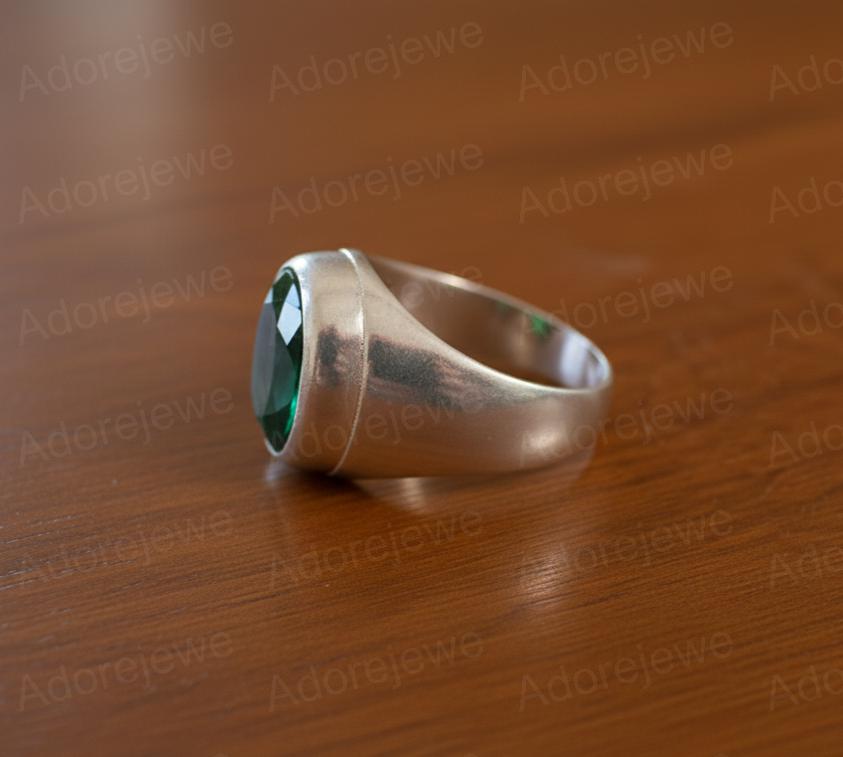 Emerald Sterling Silver Signet Ring, Oval Stone (12x16mm)