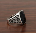 Black Onyx Cushion Signet Ring, Floral Sterling Silver