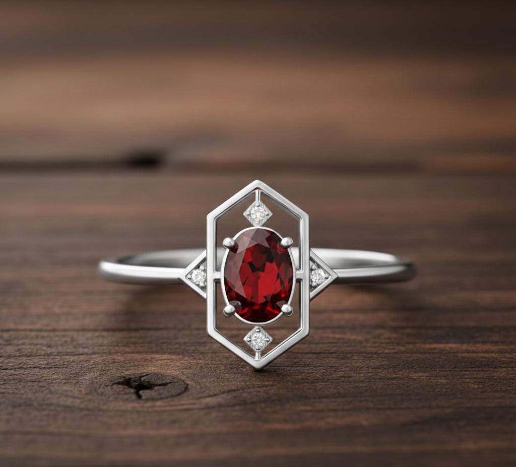 Oval Garnet Sterling Silver Ring, Natural Red Gemstone, 7x9mm Stone Size