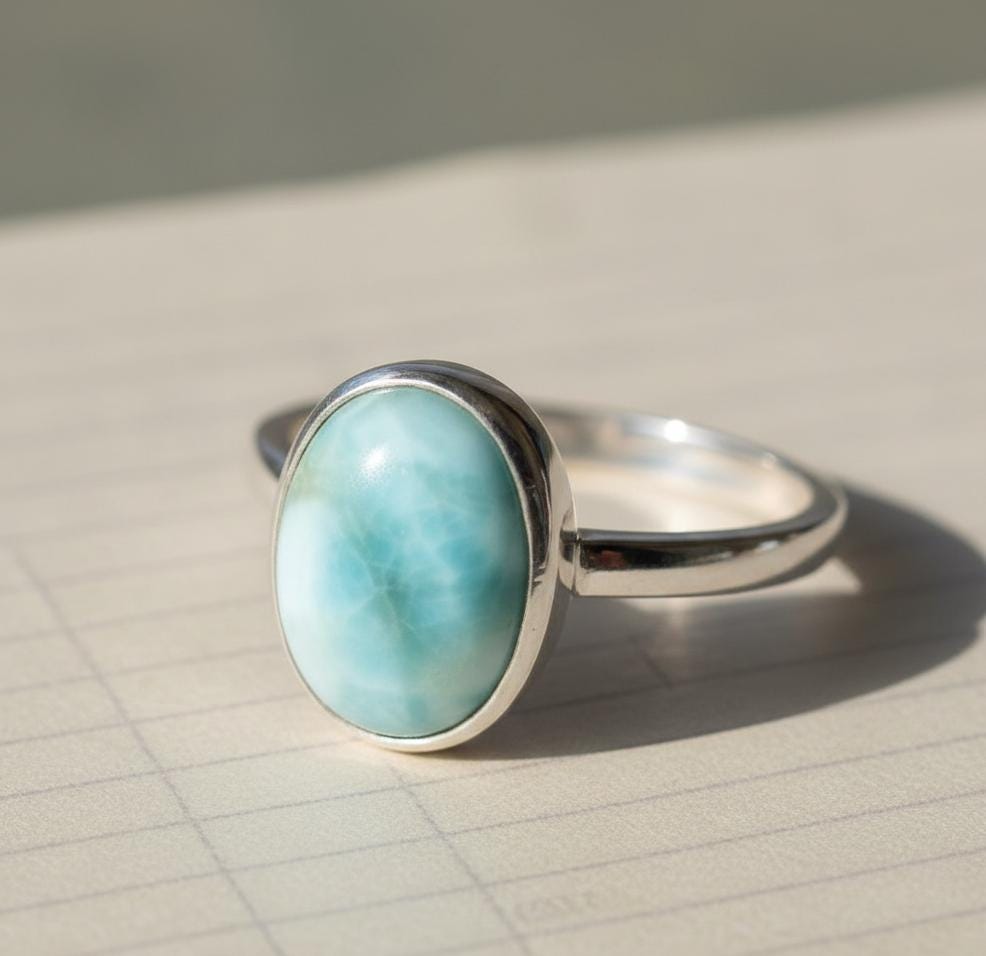 Oval Caribbean Larimar Sterling Silver Ring, Gemstone Jewelry