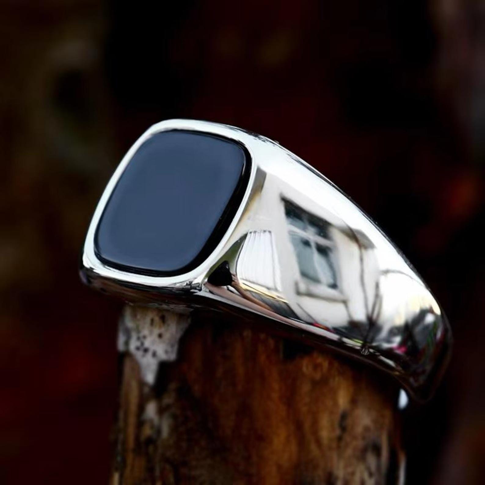 Black Onyx Signet Ring, 925 Sterling Silver, Mens Cushion Ring