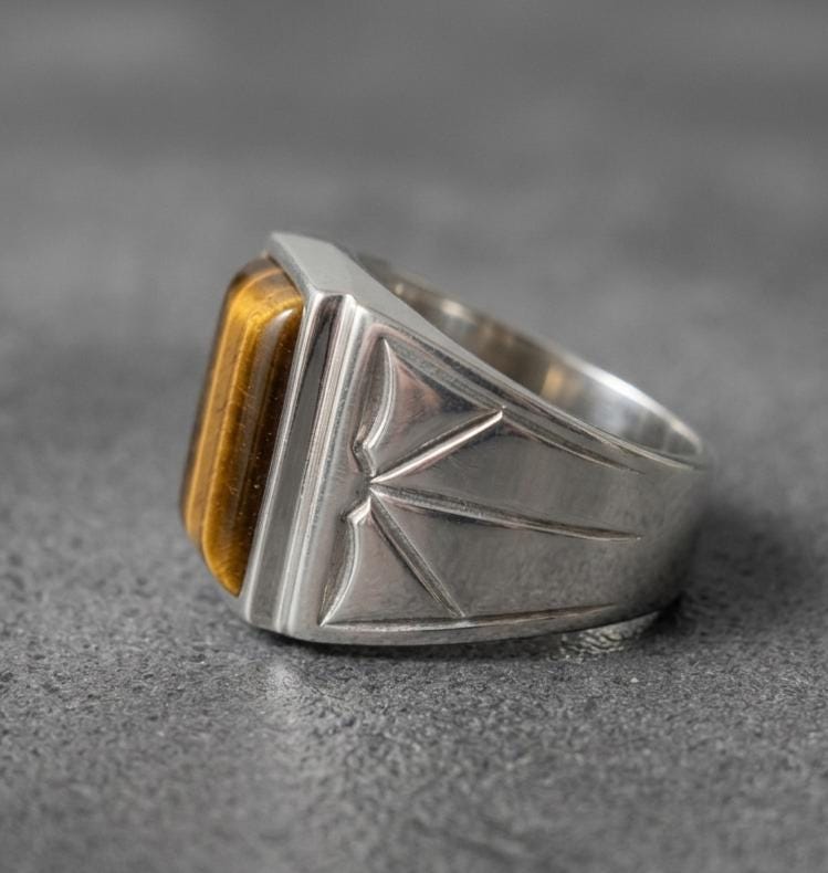 Mens Sterling Silver Brown Tiger eye Ring, Greek Design, Oval 12x16mm