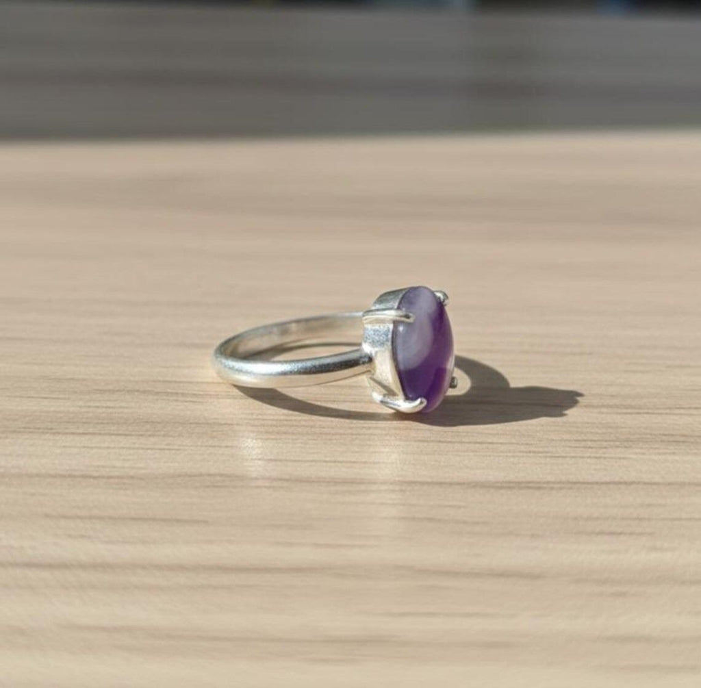 Purple Slice Agate Ring, Oval Cabochon, Sterling Silver (13x15mm)