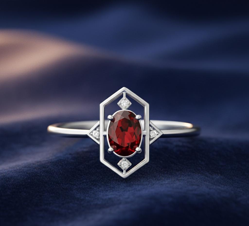 Oval Garnet Sterling Silver Ring, Natural Red Gemstone, 7x9mm Stone Size