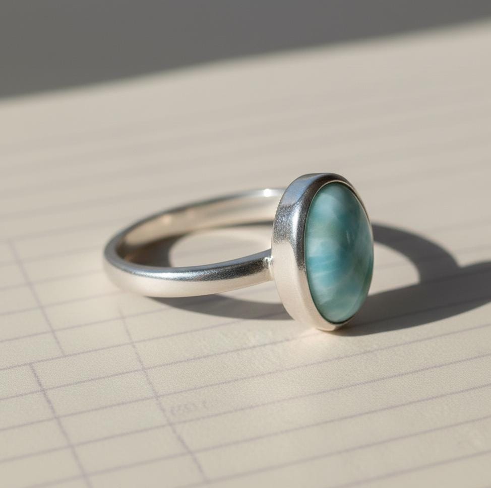 Oval Caribbean Larimar Sterling Silver Ring, Gemstone Jewelry