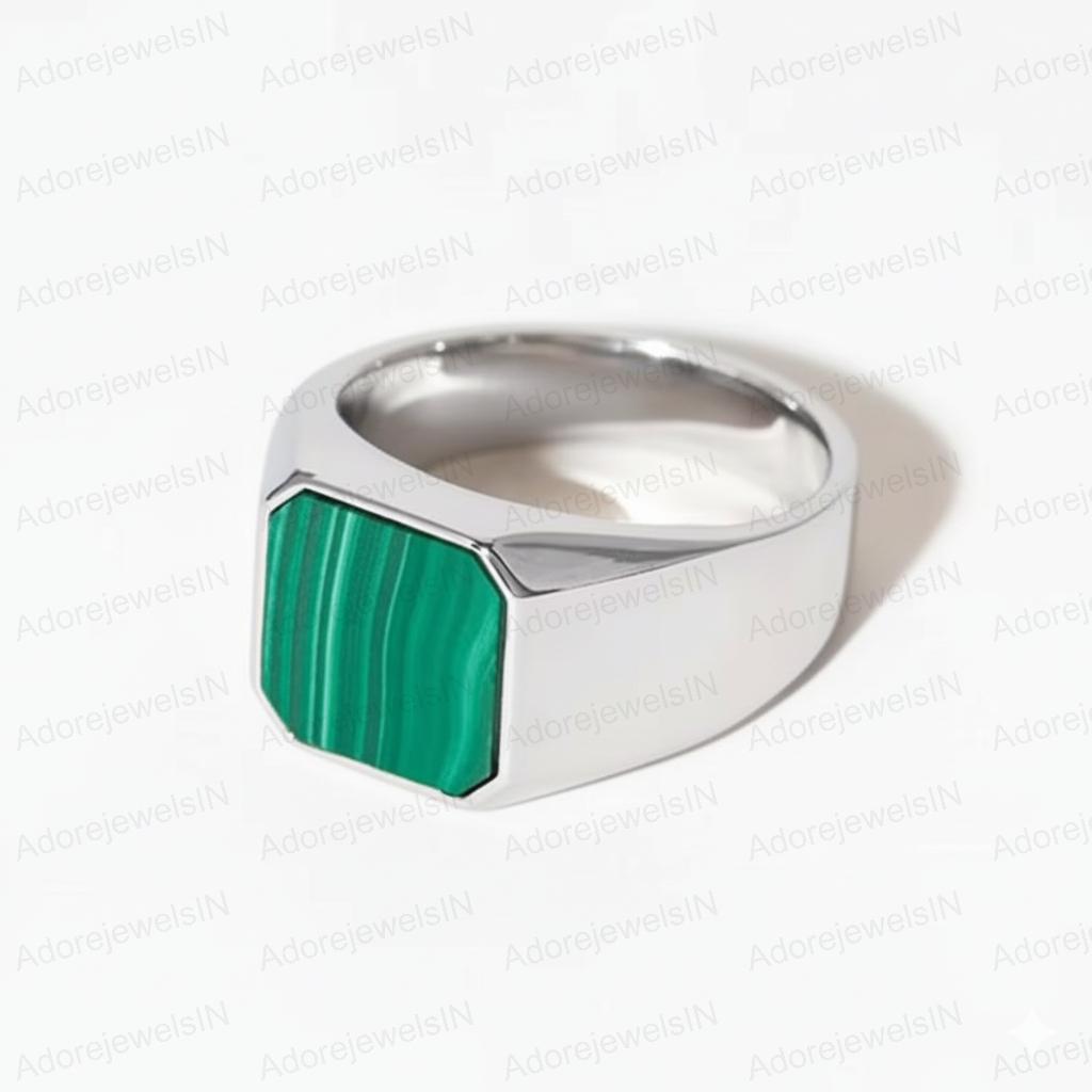 Sterling Silver Malachite Ring, Cushion Cut Gemstone (14x14mm)