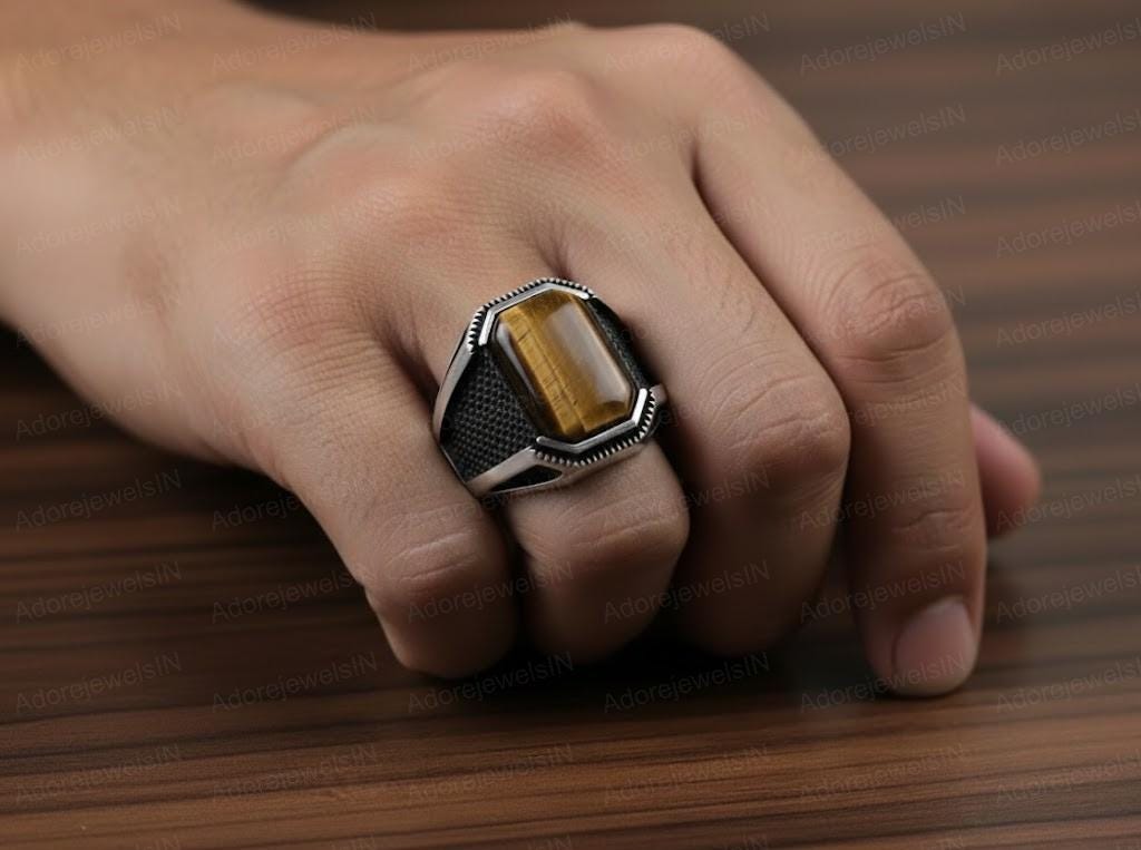 Tiger Eye Sterling Silver Ottoman Signet Ring, Mens Vintage Style