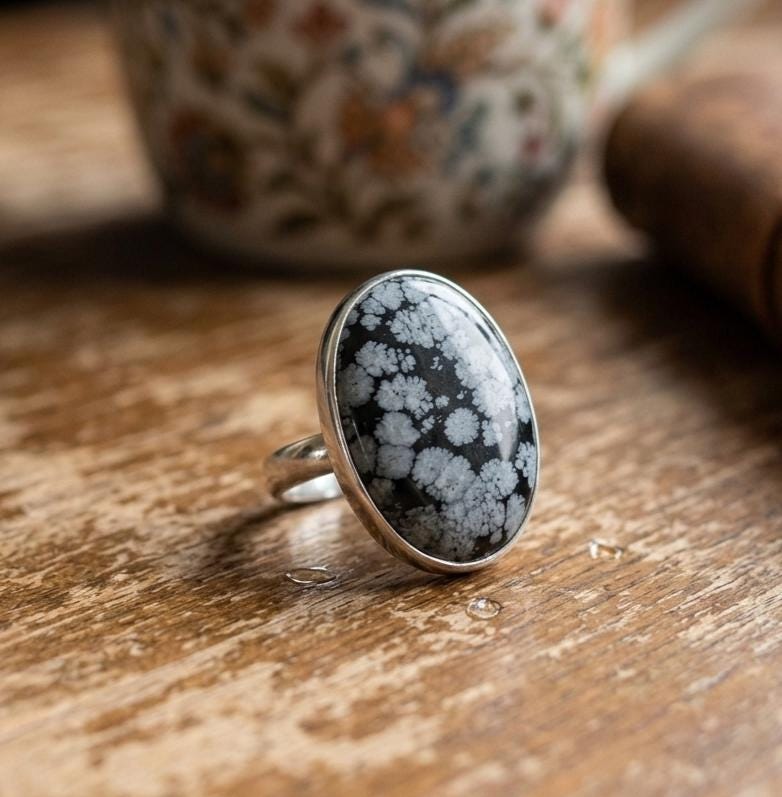 Handmade Snowflake Obsidian Ring, Sterling Silver Bezel Setting, Cushion Gemstone Jewelry