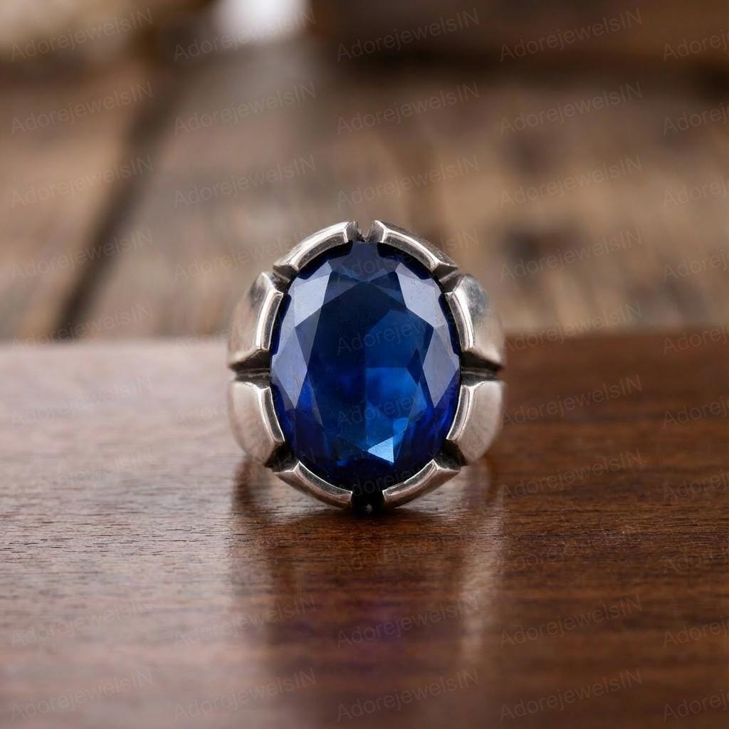 Solid 925 Sterling Silver Mens Ring, Blue Sapphire Hydro Mens Ring, Oval Brilliant Cut, Sapphire Mens Ring, Sapphire Signet Ring
