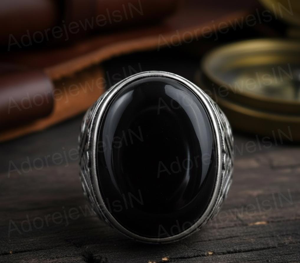 Mens Floral Sterling Silver Ring, Black Onyx (12x16mm)