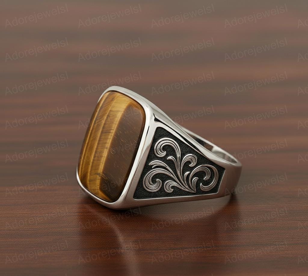 Sterling Silver Signet Ring, Natural Tiger Eye, Floral Band
