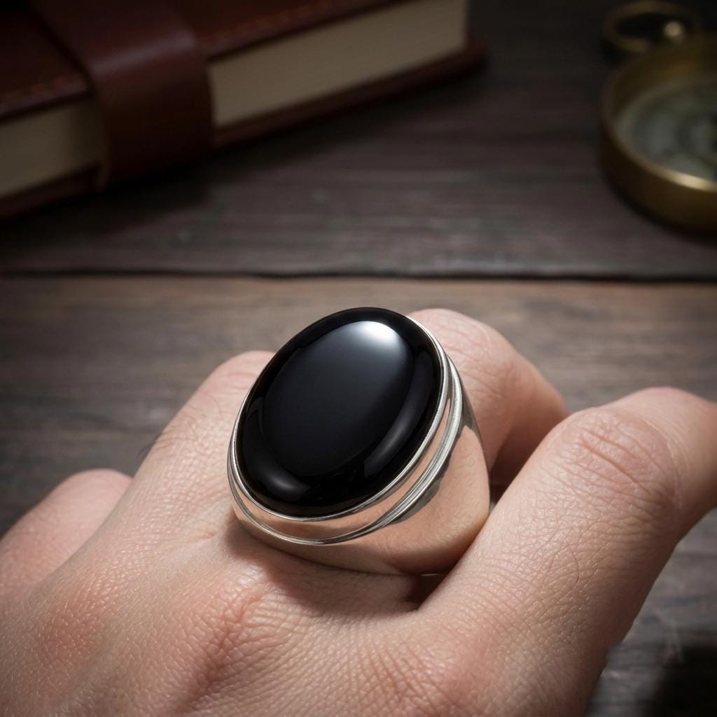 Sterling Silver Black Onyx Ring, Ottoman Style Signet Ring