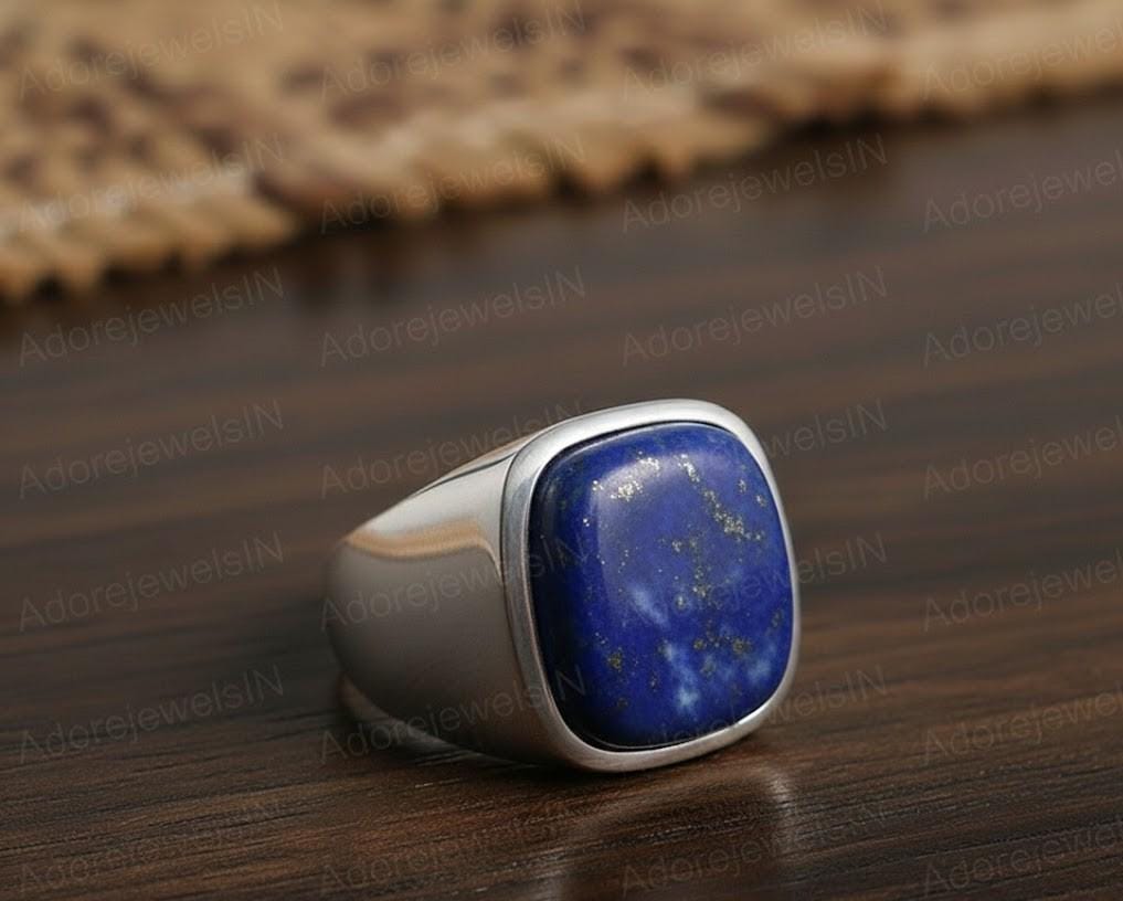 Mens Sterling Silver Lapis Lazuli Ring, Greek Design, Oval 12x16mm