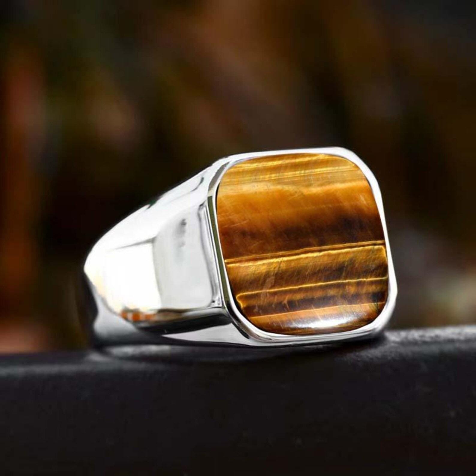 Sterling Silver Signet Ring, Natural Yellow Tiger Eye, Mens Heavy Ring