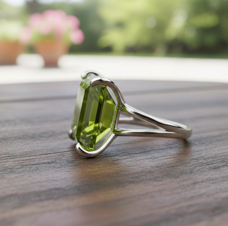 Sterling Silver Peridot Ring, Square Faceted Gemstone, Anniversary Gift
