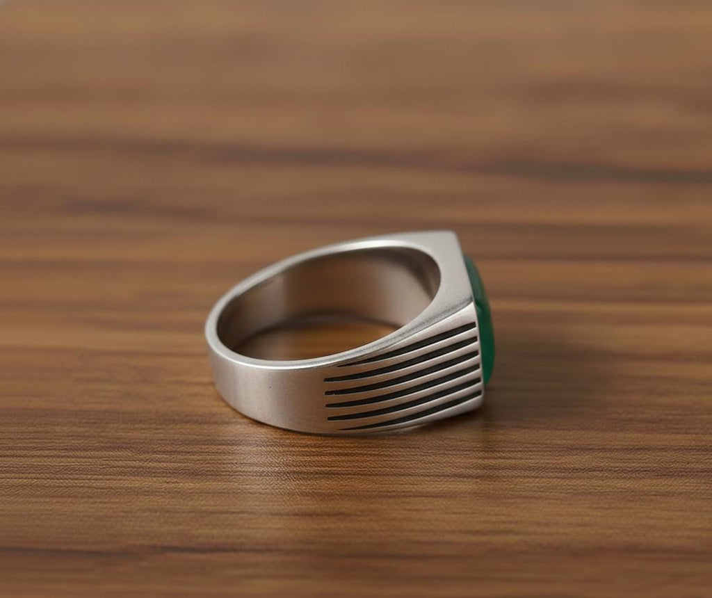 Oxidized Sterling Silver Signet Ring, Green Onyx, Vintage Style