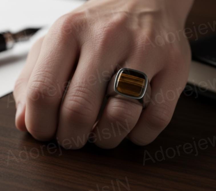 Sterling Silver Signet Ring, Natural Yellow Tiger Eye, Mens Heavy Ring