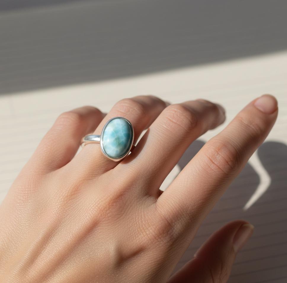 Oval Caribbean Larimar Sterling Silver Ring, Gemstone Jewelry