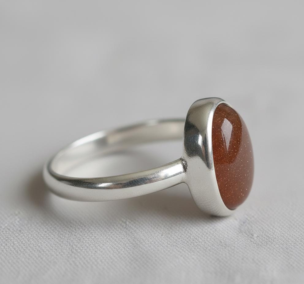 Oval Sunstone Sterling Silver Ring, Bezel Setting (12x16mm)
