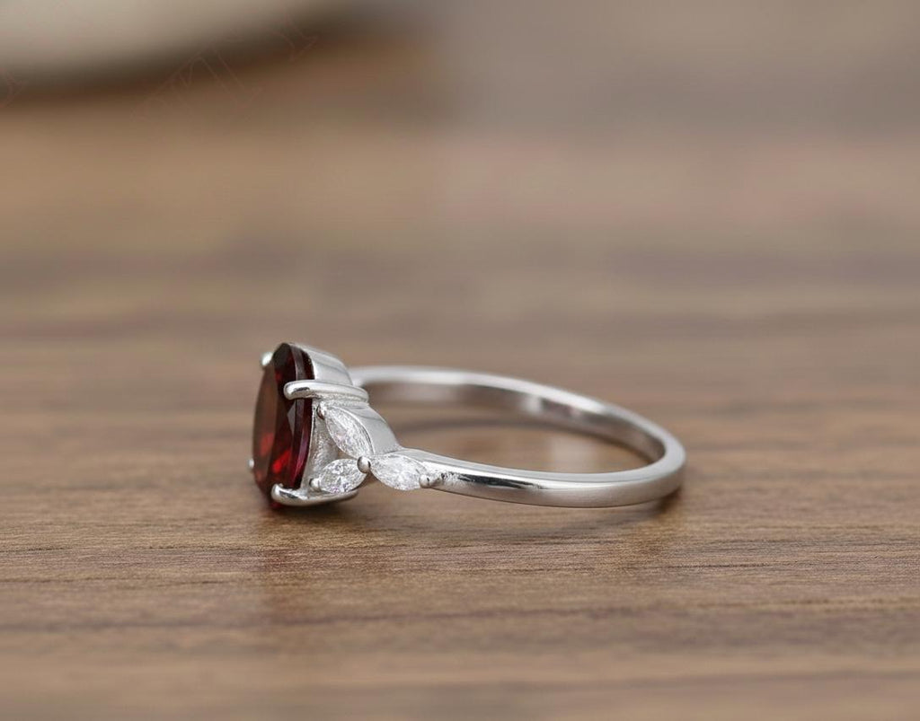 Oval Garnet Ring, Solid 925 Sterling Silver, Valentine's Gift