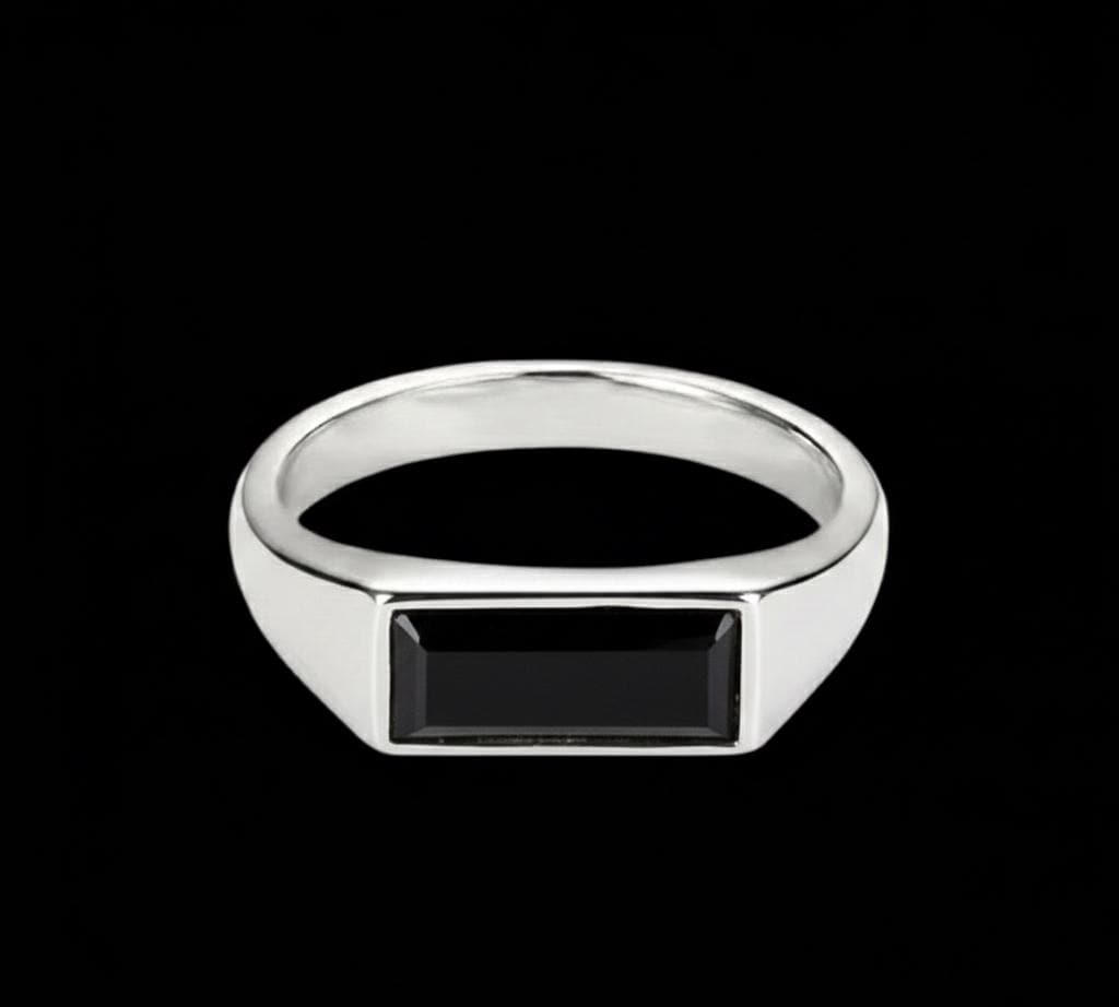 Sterling Silver Black Onyx Signet Ring, Stackable Rectangle Stone