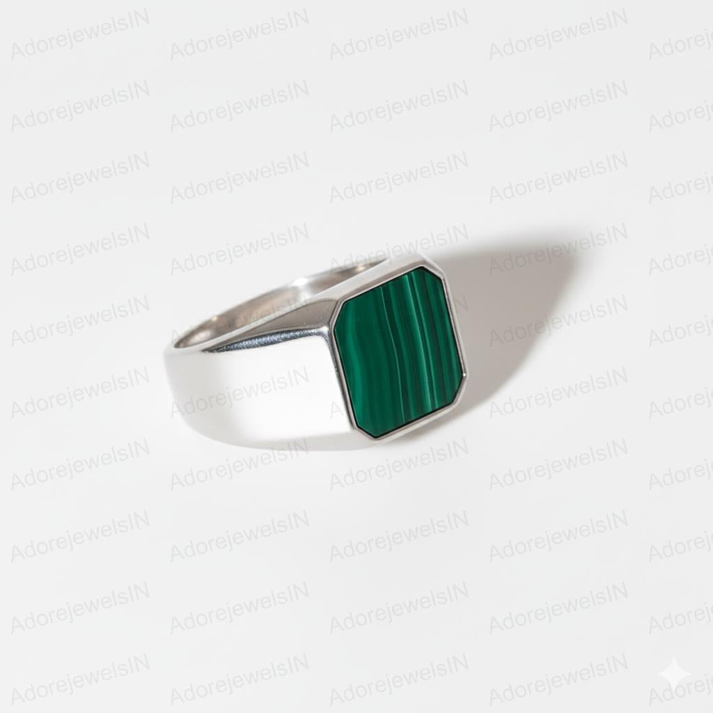 Sterling Silver Malachite Ring, Cushion Cut Gemstone (14x14mm)