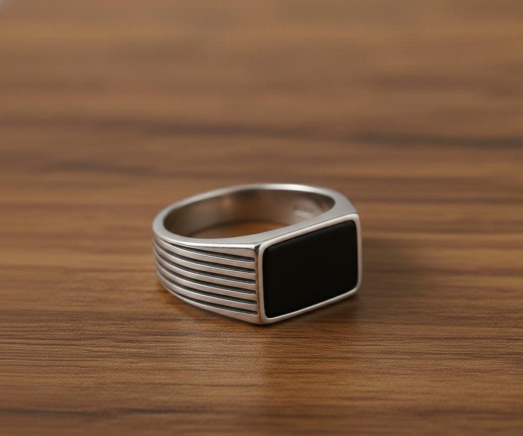 Oxidized Sterling Silver Signet Ring, Black Onyx, Mens Vintage Style