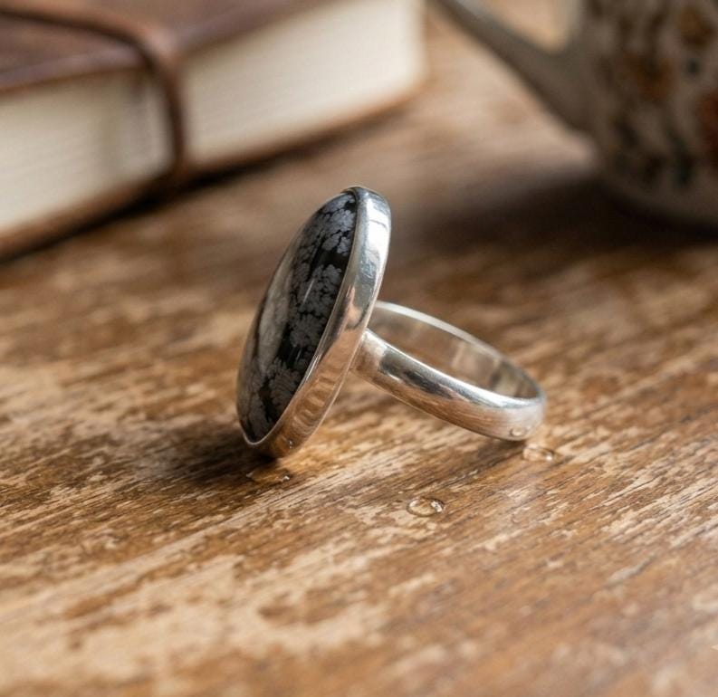 Handmade Snowflake Obsidian Ring, Sterling Silver Bezel Setting, Cushion Gemstone Jewelry
