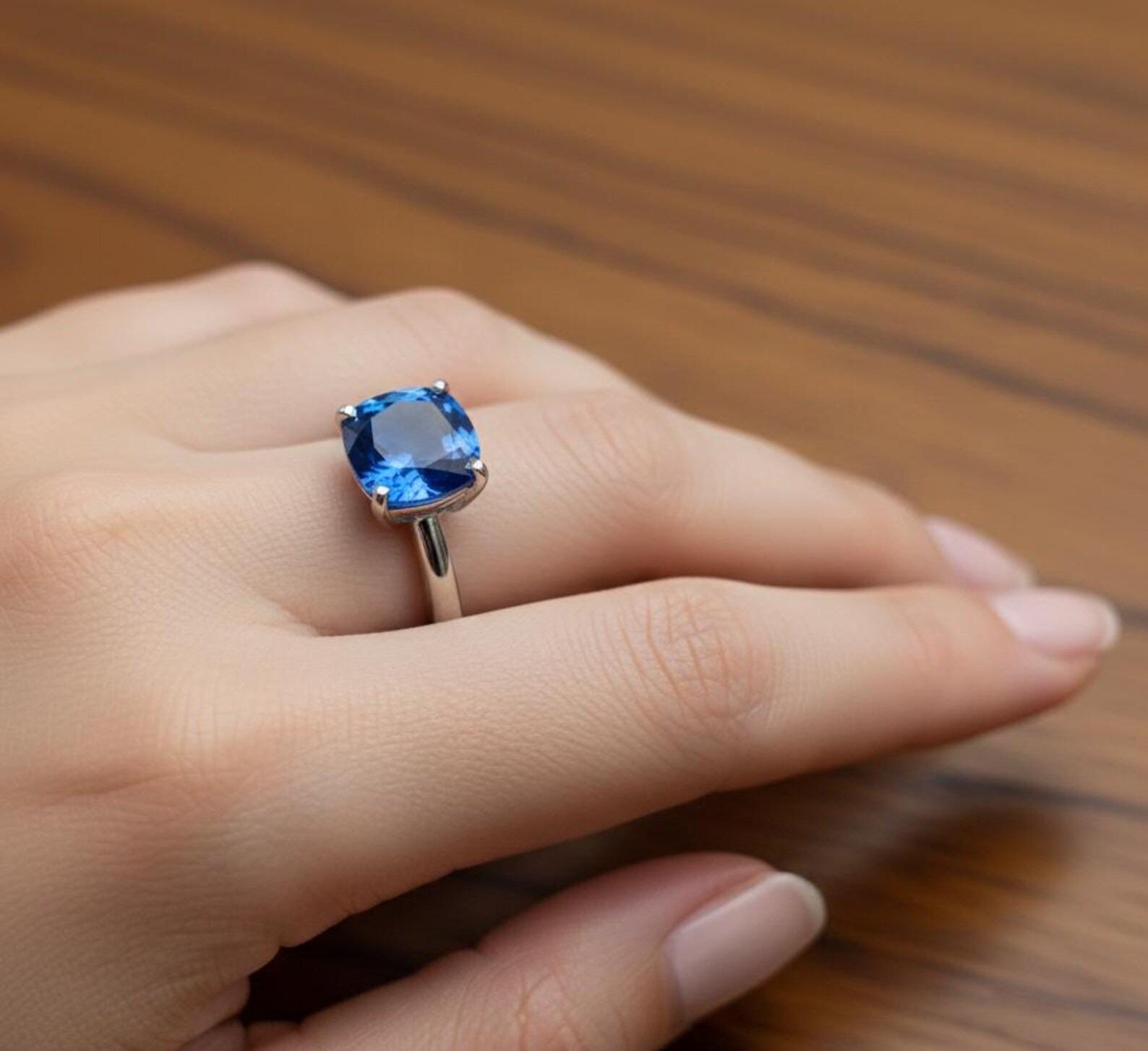 Cushion Cut Sapphire Ring, Solid Sterling Silver, Wife Gift, 10mm,