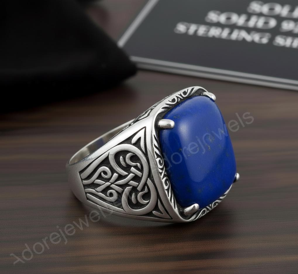 Afghani Lapis Lazuli Octagon Sterling Silver Signet Ring, Turkish Mens Ring