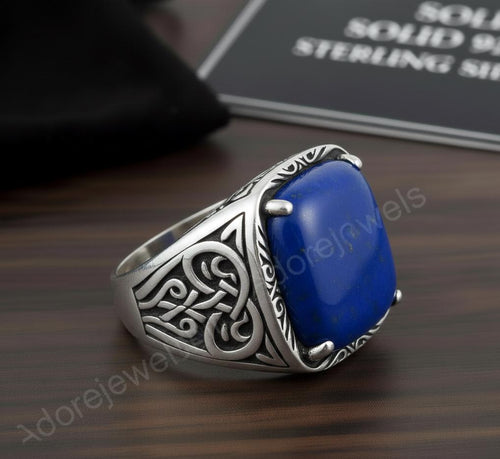 Afghani Lapis Lazuli Octagon Sterling Silver Signet Ring, Turkish Mens Ring