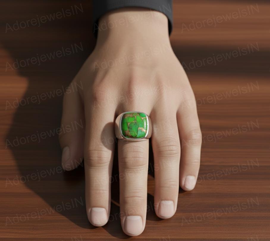 Sterling Silver Mens Ring, Green Copper Turquoise Gemstone, Ottoman Style