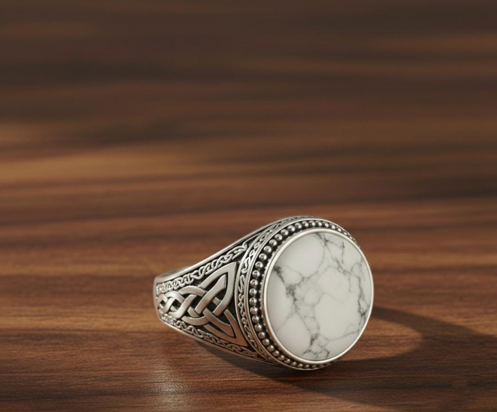 Oxidized Sterling Silver Signet Ring, Natural Howlite, Floral Band