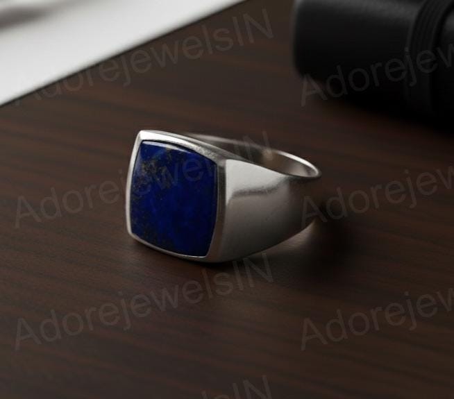Mens Lapis Lazuli Signet Ring, Sterling Silver Greek Design